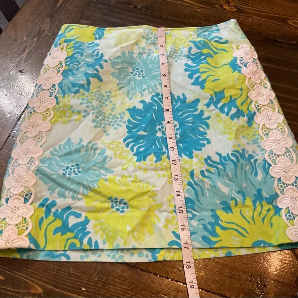 Lilly Pulitzer Floral Mini Skirt Cotton Blue Green White Lace Trim 2 - Picture 10 of 11